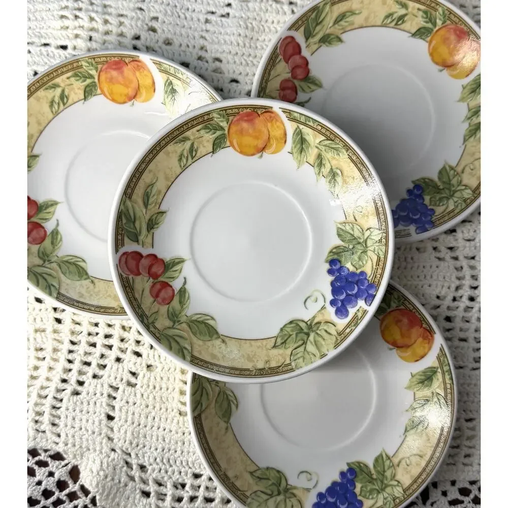 Set of 4 Vintage Gibson Fruit Pattern Saucers 6” | Cherries Grapes Peaches